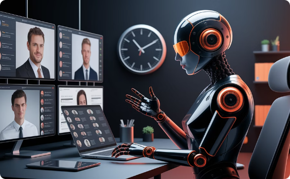 AI for Human Resources robot conducting virtual interviews with job candidates via multiple video screens in a modern office setting