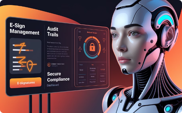 AI for Human Resources robot analyzing secure compliance and e-signature management dashboard with audit trails in a futuristic digital workspace.