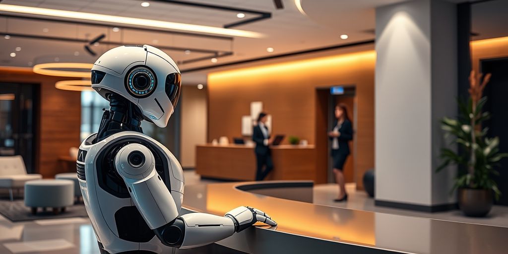 AI for Human Resources robot receptionist stationed at a modern office front desk with professionals in the background.