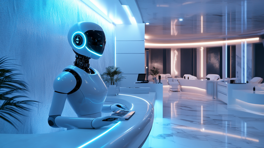 AI voice agent robot assisting at a futuristic front desk in a high-end dental clinic, medical practice, or spa setting.