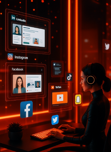 A woman wearing headphones is interacting with social media platforms like LinkedIn, Instagram, Facebook, Twitter, and TikTok through a futuristic, AI-powered interface. The image represents the use of AI for small businesses and startups, highlighting the importance of social media in modern lead generation and business growth.